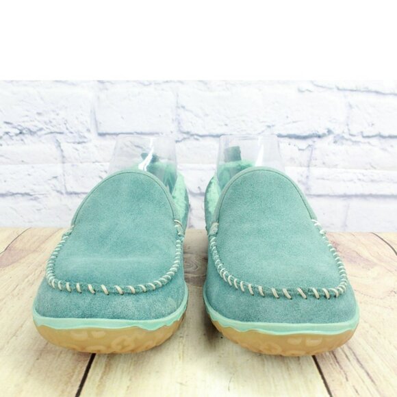 LL Bean Green Suede Slip-On Fleece Lined Mountain Moccasin Slippers Size 7 M - Picture 4 of 9